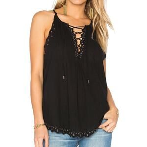 Women's Paige Liana Lace-Up Scalloped Studded Sleeveless Black Tank Top Sz Med